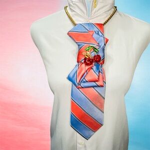 Striped Red and Blue Necktie with Cherry Brooch